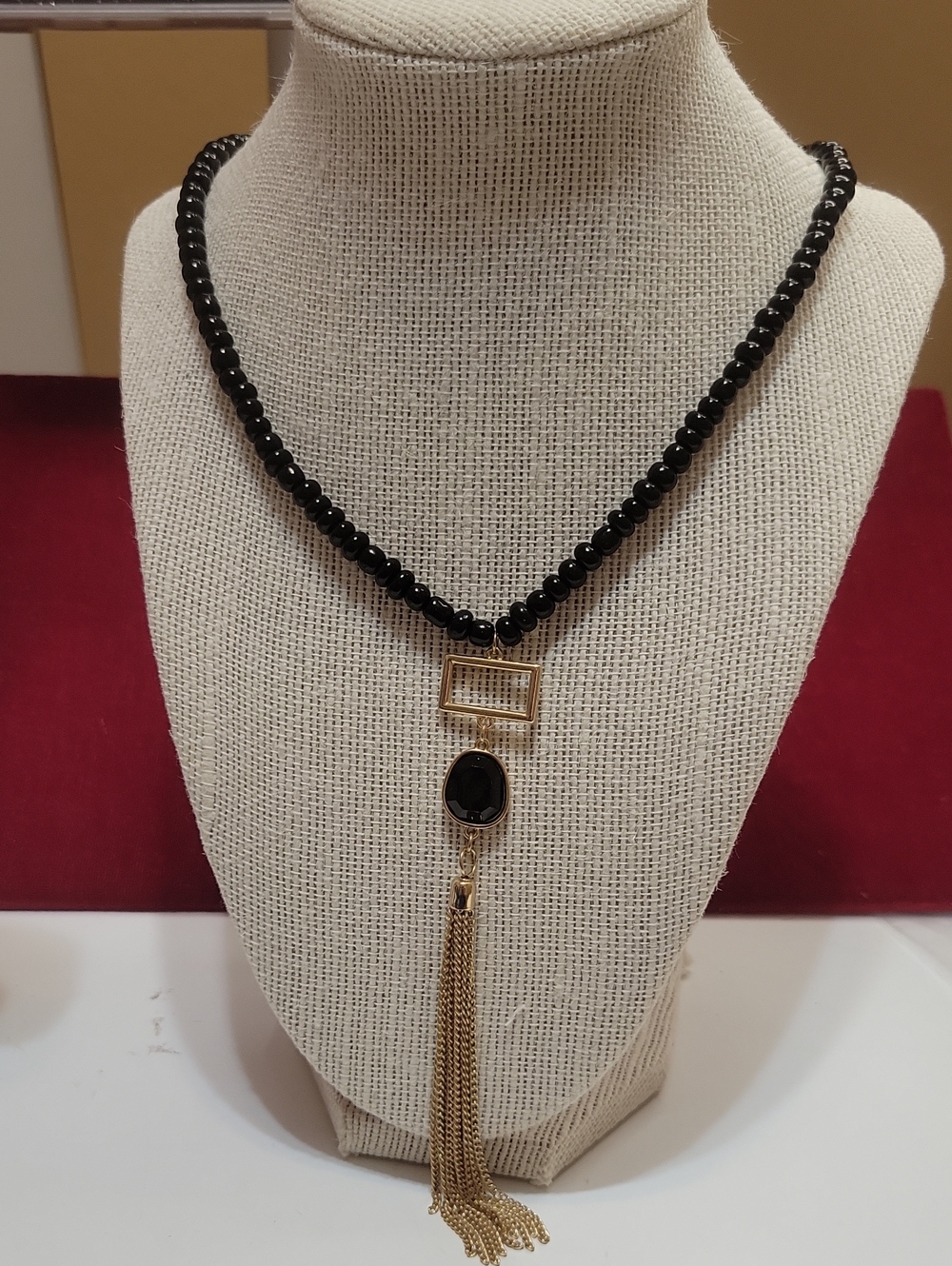 Laundry By Shelli Segal Black Beaded Necklace with Gold Tassel Pendant